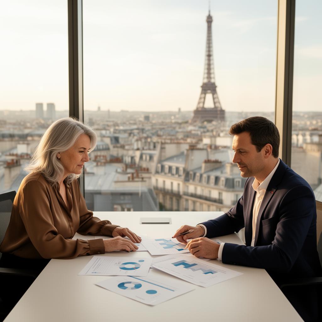 Conseiller patrimonial expliquant un investissement à sa cliente dans une ambiance chaleureuse et professionnelle