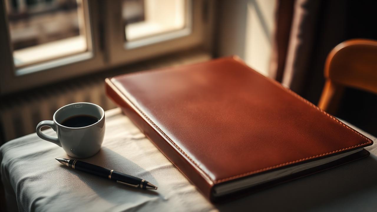 Porte-documents en cuir et stylo plume sur une table, lumière du matin