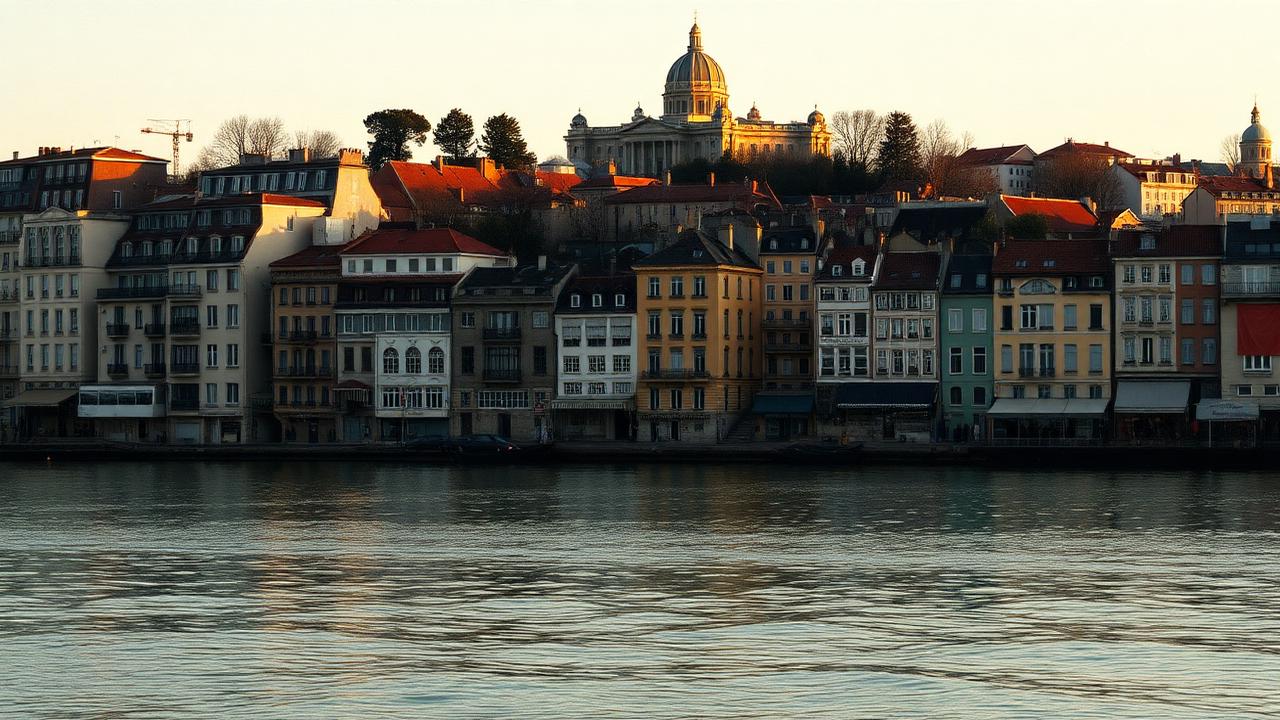 Quais de Saône à Lyon et colline de Fourvière à la lumière dorée